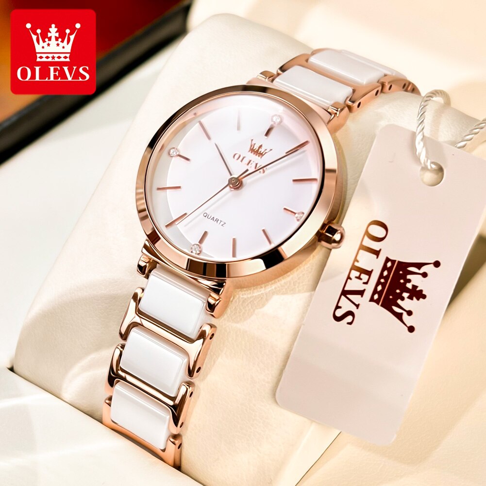 Luxury Ceramic Watch - OLEVS-Relógio De Pulso De Quartzo De